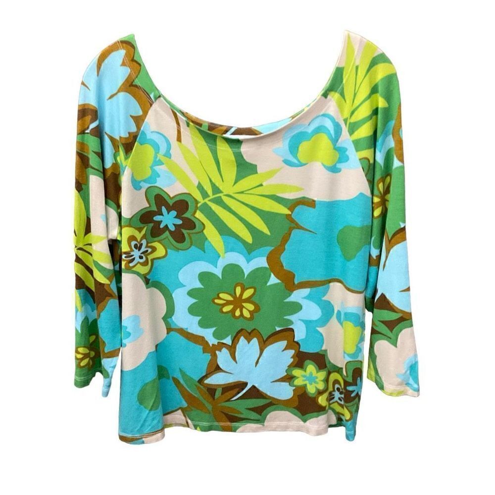 Judy Lee Cole Top Scoop Neck Tropical Aqua Green Yellow White Floral Print XL